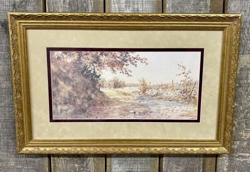 Paul Sawyier (American, 1865-1917), The Stone Bridge, Limited Edition Photomechanical Lithograph: This is a limited edition photomechanical lithograph reproduction after an original watercolor titled The Stone Bridge by American Impressionist artist Paul Sawyier (1865-1917). The landscape depicts 