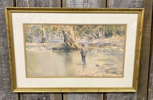 Paul Sawyier (American, 1865-1917), Autumn Angler, Limited Edition Lithograph: This lot features a photomechanical lithographic reproduction on paper titled Autumn Angler, after an original transparent watercolor by American Impressionist artist Paul Sawyier. The naturalistic sc