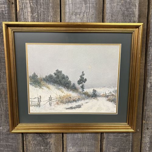 Paul Sawyier, The Fading Day, Limited Edition Photomechanical Lithograph: This photomechanical lithographic reproduction, titled The Fading Day, is after an original watercolor by American Impressionist artist Paul Sawyier (1865–1917). The artwork depicts a winter landsca
