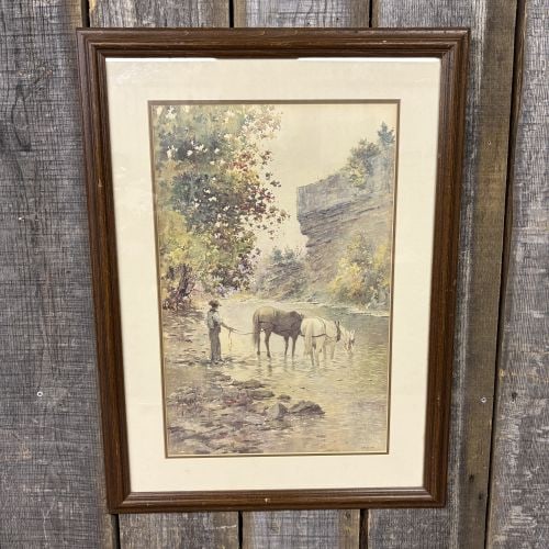Paul Sawyier (American, 1865-1917), Pinnacle Point, Limited Edition Print: This is an offset lithographic print on paper after a watercolor original by Kentucky artist Paul Sawyier. The scene, titled Pinnacle Point, depicts a man in historical clothing leading two horses thr