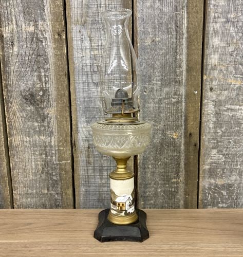 Victorian Composite Kerosene Lamp with Hand-Painted Winter Scene and Plume and Atwood Burner (1 of 9)