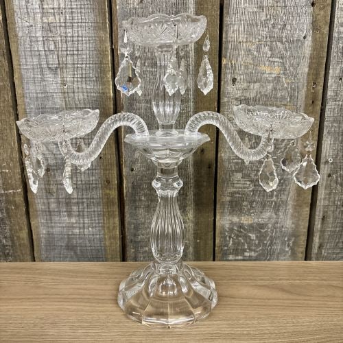Three-Light Cut Glass and Crystal Candelabrum with Hanging Prisms (1 of 7)