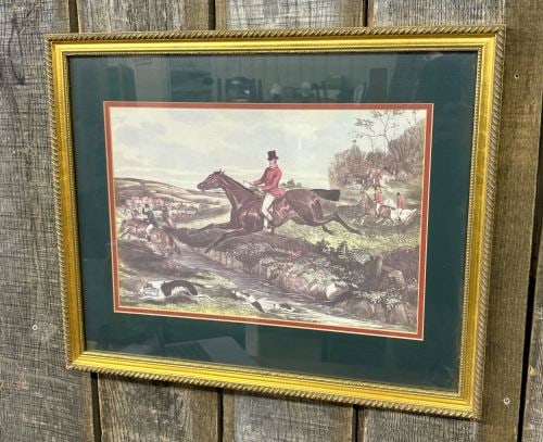 Fox Hunting Scene Print After William Joseph Shayer, Full Cry: This decorative offset lithograph is a reproduction of the fox hunting scene titled Full Cry, originally by William Joseph Shayer. The print depicts a dynamic hunt in progress, featuring a central rid