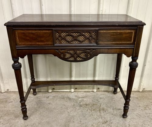 Neoclassical Revival Style Inlaid Wood Radio Console Table: SHIPPING NOT AVAILABLE, FOR PICK UP OR TRANSPORT ONLY - This early 20th-century console table was originally designed to house radio components. The piece is constructed from hardwood with figured ven