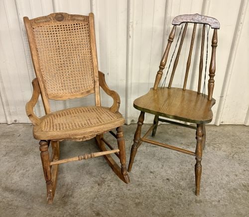Two American Wooden Chairs including a Victorian Style Caned Rocker and a Press-Back Spindle Chair (1 of 6)
