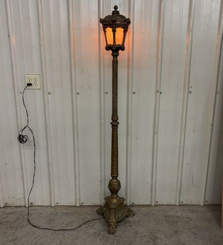 Antique Victorian Style Cast Metal and Amber Slag Glass Street Lamp Floor Lamp (1 of 9)