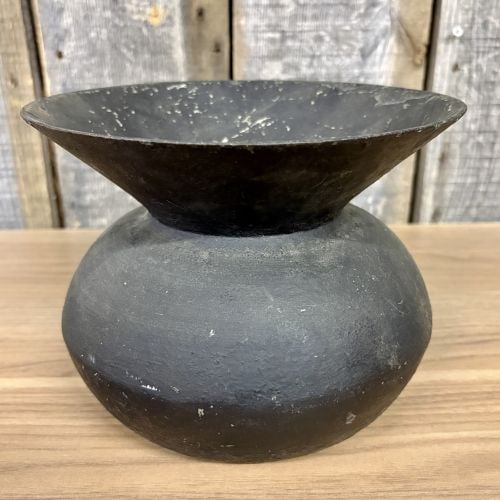 Antique Gate-Marked Cast Iron Spittoon: A nineteenth-century cast iron spittoon or cuspidor. The vessel features a wide, funnel-shaped rim tapering into a bulbous, compressed spherical body. It is finished with a worn black paint. A promine