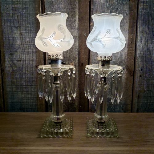 A Pair of Vintage Electric Boudoir Lamps with Frosted Glass Shades and Crystal Prisms (1 of 7)