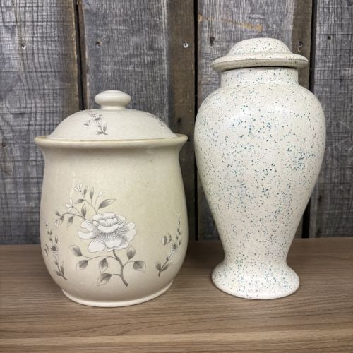 Two Ceramic Lidded Vessels Including a Southampton Stoneware Canister and a Signed Studio Pottery: This lot consists of two ceramic lidded vessels. The first item is a stoneware storage canister from the Southampton Stoneware Collection. The vessel features a rounded form with a flared rim and a do
