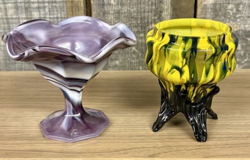 Two Vintage Art Glass Vessels Including a Purple Slag Glass Compote and a Yellow Pulled Art Glass (1 of 6)