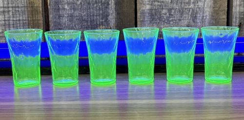 A Set of Six Green Uranium Depression Glass Shot Glasses with Optic Pattern (1 of 5)