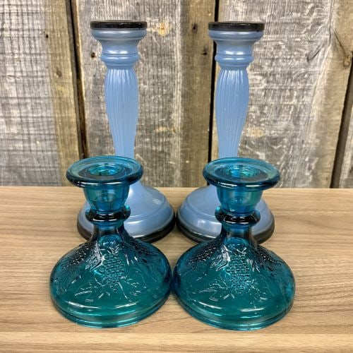 An Assortment of Four Vintage Blue Satin and Teal Pressed Glass Candlesticks (1 of 8)