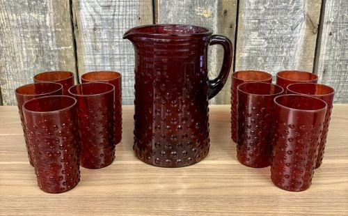 11-Piece Set of Anchor Hocking Royal Ruby Hobnail Glass Pitcher and Tumblers (1 of 10)