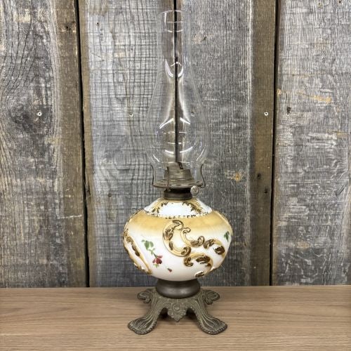 Victorian Style Hand Painted Ceramic and Cast Metal Oil Lamp with Glass Chimney (1 of 8)