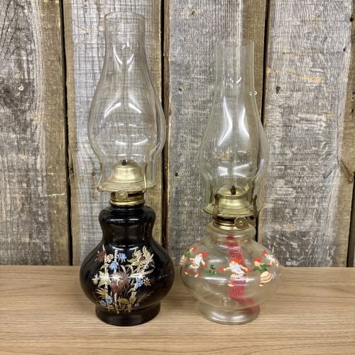 A Pair of Vintage Miniature Hurricane Oil Lamps with Black Floral and Christmas Gnome Bases (1 of 11)