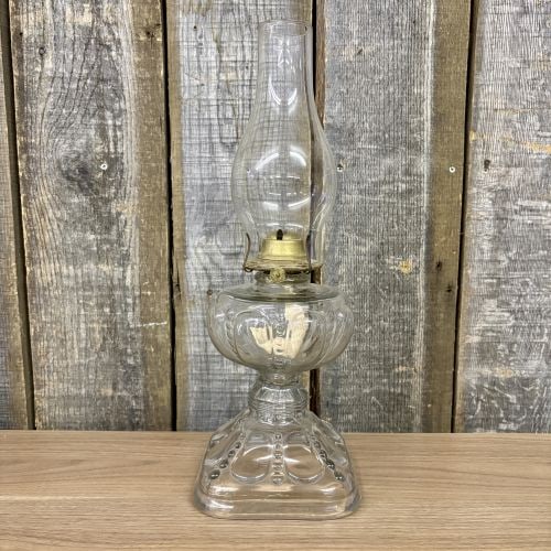 Antique Clear Pressed Glass Kerosene Lamp with Plume and Atwood Brass Burner (1 of 8)
