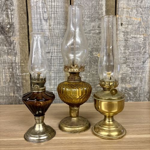 A Trio of Vintage Miniature Oil Lamps with Amber Glass and Metal Bases (1 of 8)