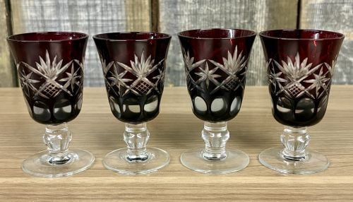 A Set of Four Bohemian Style Ruby Cut-to-Clear Crystal Cordial Glasses (1 of 4)