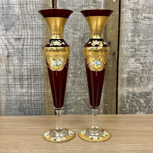 A Pair of Murano Style Ruby Red Glass Vases with Hand-Painted Enamel and Gold Gilding (1 of 8)