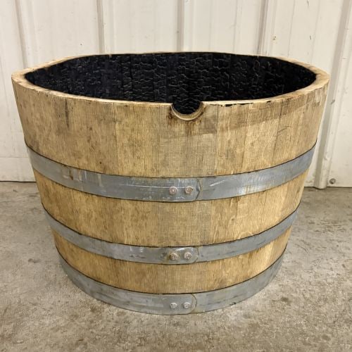 Reclaimed Oak Wood Half-Barrel Planter with Galvanized Hoops (1 of 3)