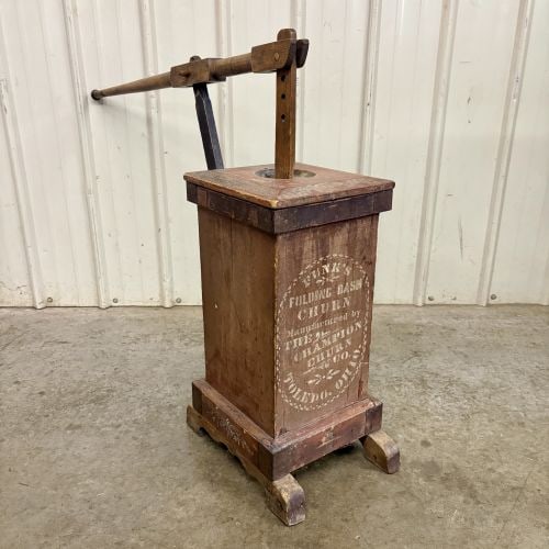 Antique Funks Folding Dash Wood Butter Churn by Champion Churn Co: SHIPPING NOT AVAILABLE, FOR PICK UP OR TRANSPORT ONLY - This is an antique upright mechanical butter churn featuring a lever-action design. The item is constructed of wood with a rectangular vertical 