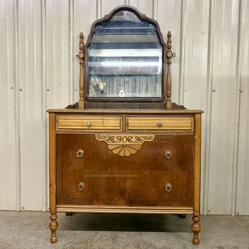Antique Victorian Style Mixed Wood Veneer Dresser with Integrated Swivel Mirror: SHIPPING NOT AVAILABLE, FOR PICK UP OR TRANSPORT ONLY - This antique dresser features a traditional two-over-two drawer configuration, likely dating from the late 19th to early 20th century. The piece