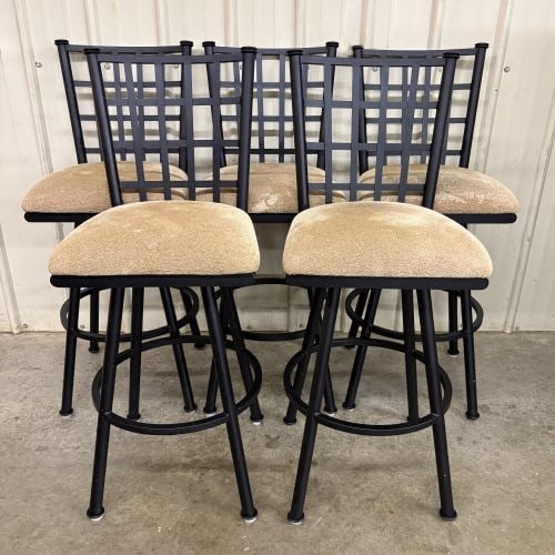 Set of Five Contemporary Grid Back Swivel Bar Stools: SHIPPING NOT AVAILABLE, FOR PICK UP OR TRANSPORT ONLY - A set of five swivel bar stools featuring a contemporary design. The frames are constructed from tubular metal with a matte black finish. Each s