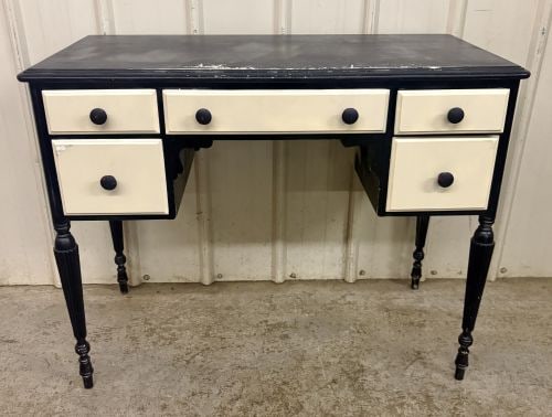 Vintage Neoclassical Style Two-Tone Painted Wooden Kneehole Writing Desk: SHIPPING NOT AVAILABLE, FOR PICK UP OR TRANSPORT ONLY - A vintage wooden kneehole writing desk or vanity in the Neoclassical revival style. The desk is constructed of solid wood and features a two-ton