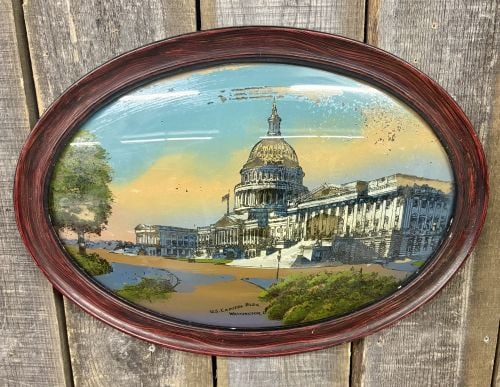Antique Reverse Painting on Convex Glass of the U.S. Capitol Building in Oval Frame (1 of 6)