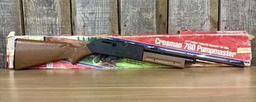 Crosman 760 Pumpmaster Multi-Pump Pneumatic Air Rifle .177 Caliber with 16.75 Inch Barrel: This lot features a single Crosman 760 Pumpmaster .177 caliber pellet and BB repeater air rifle accompanied by its original retail box. The rifle is configured as a multi-pump pneumatic repeater desig
