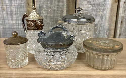 A Collection of Five Antique and Vintage Cut and Pressed Glass Containers with Metal Lids (1 of 7)