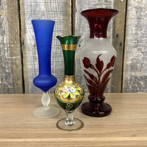 A Trio of Decorative Satin and Enameled Art Glass Vases (1 of 6)