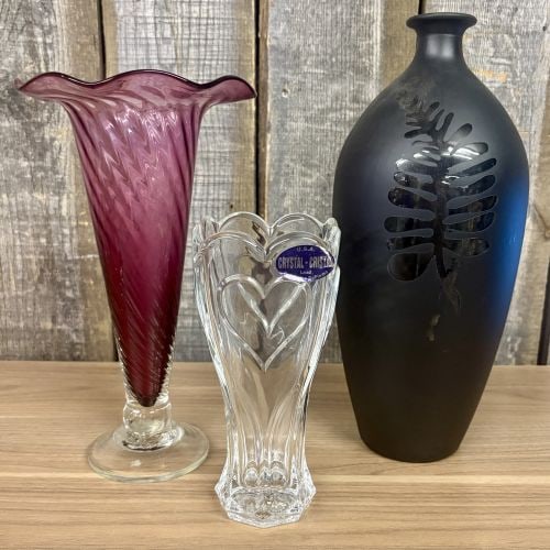 A Trio of Decorative Vases including Amethyst Ruffled Glass and American Lead Crystal (1 of 9)