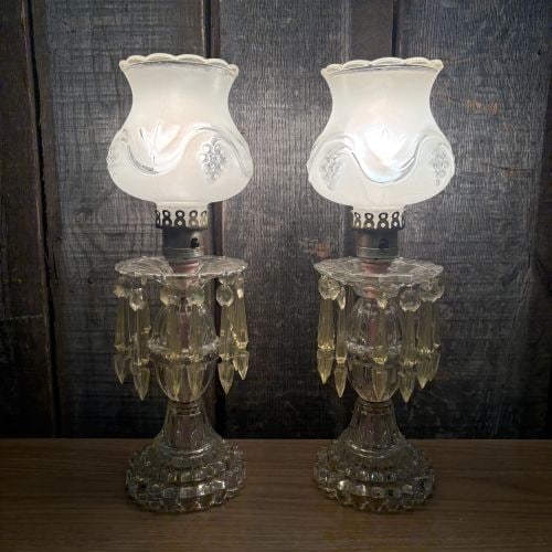 A Pair of Vintage Frosted Glass Boudoir Lamps with Amber Prisms and Grape Motif (1 of 11)