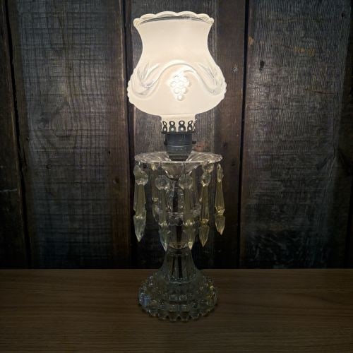 Mid-Century Glass Boudoir Lamp with Frosted Grape Shade and Hanging Prisms (1 of 8)