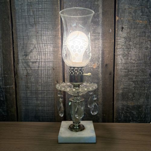 Vintage Glass Hurricane Boudoir Lamp with Prisms and Marble Base (1 of 9)