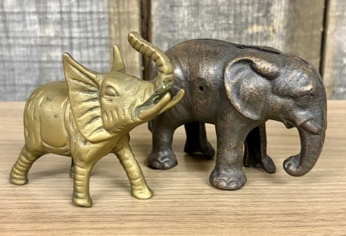 Two Elephant Figurines including a Still Bank and a Trunk Up Figure (1 of 8)