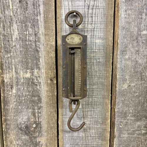 Antique John Chatillon and Sons Iron Clad 200 Pound Hanging Spring Scale: This antique hanging spring scale is an Iron Clad model manufactured by John Chatillon and Sons of New York City. The instrument features a heavy duty cylindrical cast iron housing with a weathered bl