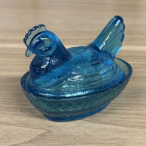 Miniature Teal Blue Pressed Glass Hen on Nest Covered Dish (1 of 5)