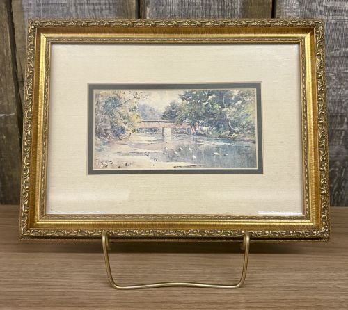 Paul Sawyier (American, 1865-1917), Knight’s Covered Bridge, Limited Edition Offset Lithograph: This is a limited edition offset lithograph print after an original watercolor by the Kentucky artist Paul Sawyier, titled Knight’s Covered Bridge. The impressionistic landscape depicts a wooden cov