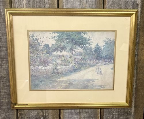 Paul Sawyier (American, 1865-1917), Berry Pickin, Limited Edition Collector Print: A limited edition collector print titled Berry Pickin, after an original watercolor by the Kentucky artist Paul Sawyier. The scene depicts a nostalgic rural landscape near Frankfort, Kentucky, featuri
