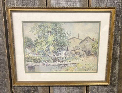 Paul Sawyier, Summer at Peak's Mill, Framed Print: A framed print after the original watercolor titled Summer at Peak's Mill by American Impressionist artist Paul Sawyier (1865-1917). The composition depicts a scenic landscape featuring two figures se