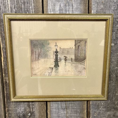 Paul Sawyier, The Fountain, Limited Edition Collector Print: This is a limited edition collector print after an original watercolor by Paul Sawyier (American, 1865-1917) titled The Fountain. The artwork illustrates a rain-softened scene on Wapping Street in Fra