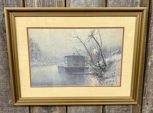 Paul Sawyier, Moonlight Mooring, Limited Edition Photomechanical Lithographic Reproduction: This work is a limited edition photomechanical lithographic reproduction titled Moonlight Mooring, after an original watercolor by American Impressionist Paul Sawyier (1865–1917). The scene, execute