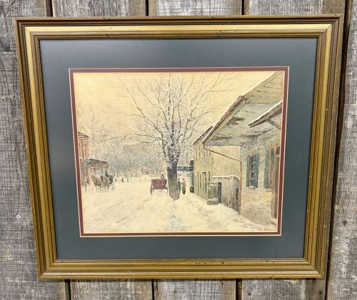 Paul Sawyier Capitol in Winter Framed Print: This work on paper, titled Capitol in Winter, is by Paul Sawyier (American, 1865-1917). The composition depicts a snowy scene in Frankfort, Kentucky, featuring the Old State Capitol in the background.