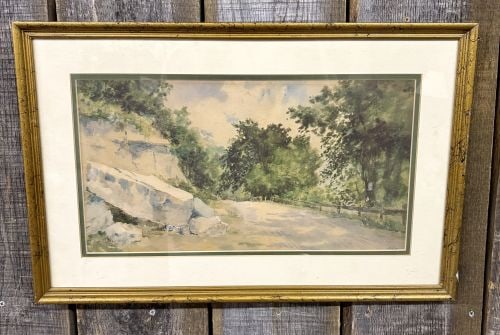 Paul Sawyier (American, 1865-1917), Louisville Road, Limited Edition Print: This work is a limited edition offset lithograph print after a watercolor original by the American Impressionist artist Paul Sawyier. The scene, titled Louisville Road, depicts a winding dirt road fla