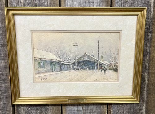 Paul Sawyier (1865-1917), Winter Solitude, Limited Edition Print: This is a limited edition collector print titled Winter Solitude, based on an original watercolor by American Impressionist artist Paul Sawyier (1865-1917). The scene depicts the Old Covered Bridge in