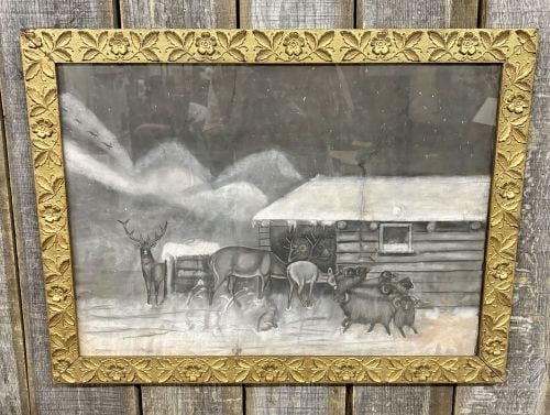 Naive Folk Art Nocturnal Winter Landscape, Charcoal and Chalk on Paper: This large-scale nocturnal winter scene is executed in charcoal and white chalk on toned wove paper. The composition is rendered in a naive folk art style and depicts a gathering of animals outside a 