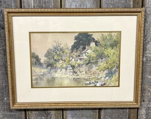Paul Sawyier (American, 1865-1917), Dr. Suter's House, Limited Edition Lithograph: This is a photomechanical lithographic print on paper after an original watercolor by American Impressionist artist Paul Sawyier (1865-1917). The work, titled Dr. Suter's House, depicts a landscape at