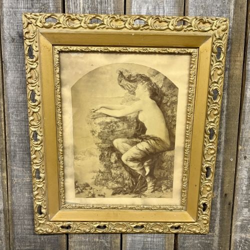 Early 20th Century Pictorialist Seated Nude Study in Gilded Wood Frame: A large-format sepia-toned photograph, likely a pictorialist carbon print or photogravure from the early 20th century. The image depicts an allegorical study of a semi-nude woman in profile, draped in